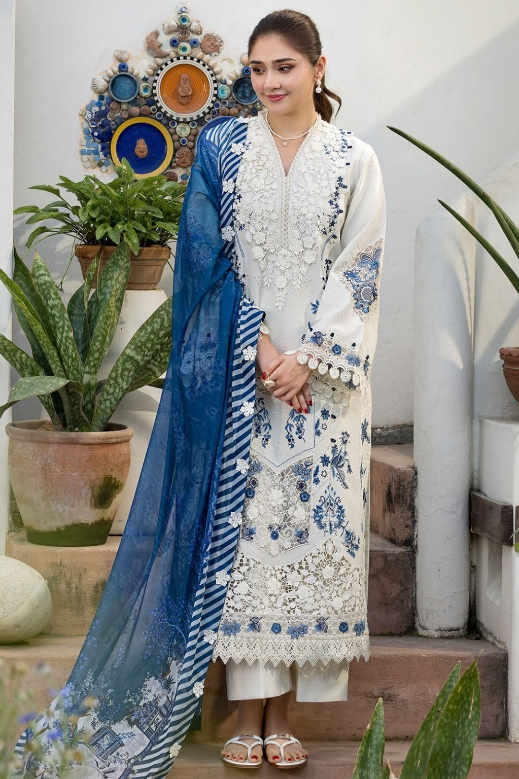 MOTIF Luxury Dhanak Chikankari Embroidered Unstitched 3PC – White & Blue