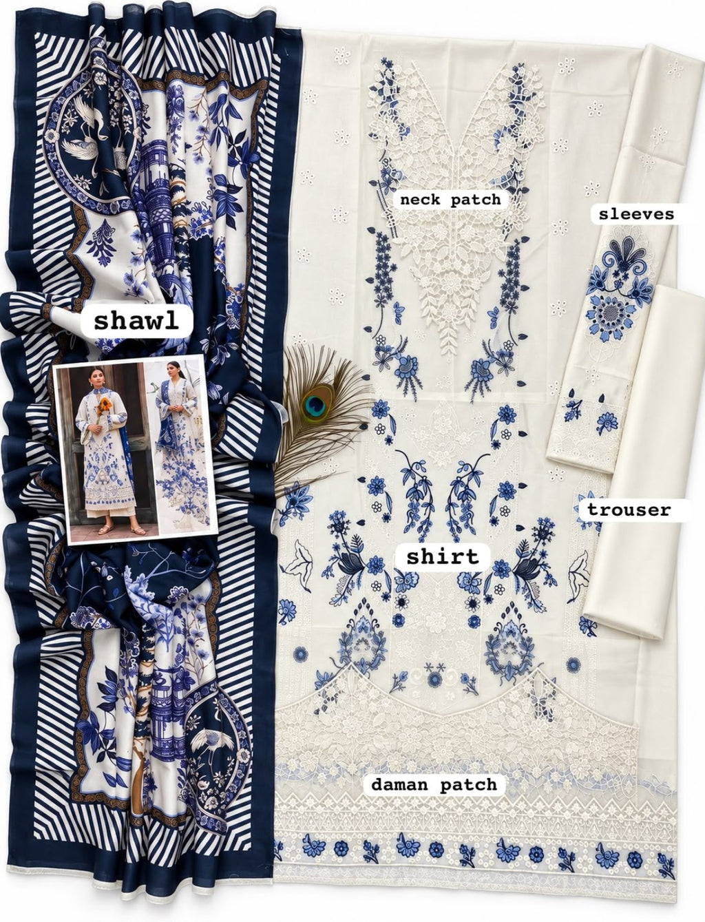 MOTIF Luxury Dhanak Chikankari Embroidered Unstitched 3PC – White & Blue