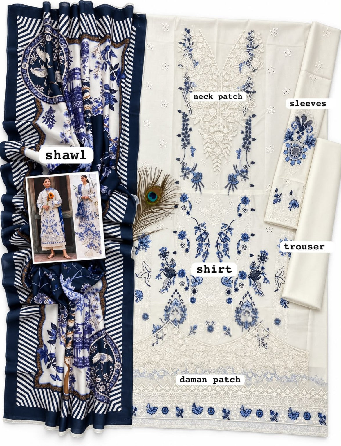 MOTIF Luxury Dhanak Chikankari Embroidered Unstitched 3PC – White & Blue