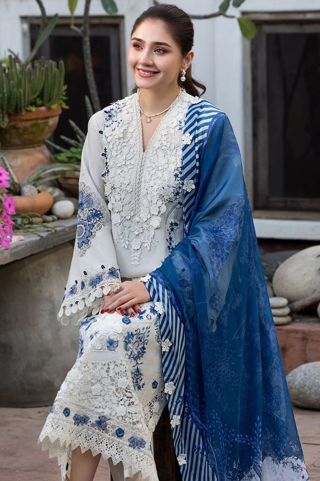 MOTIF Luxury Dhanak Chikankari Embroidered Unstitched 3PC – White & Blue