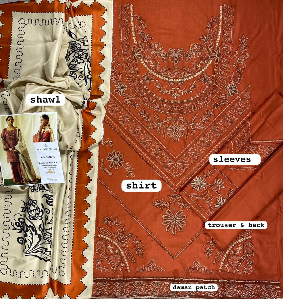 Zara Shahjahan ANG-2005 Luxury Dhanak Embroidered Unstitched 3PC – Rust