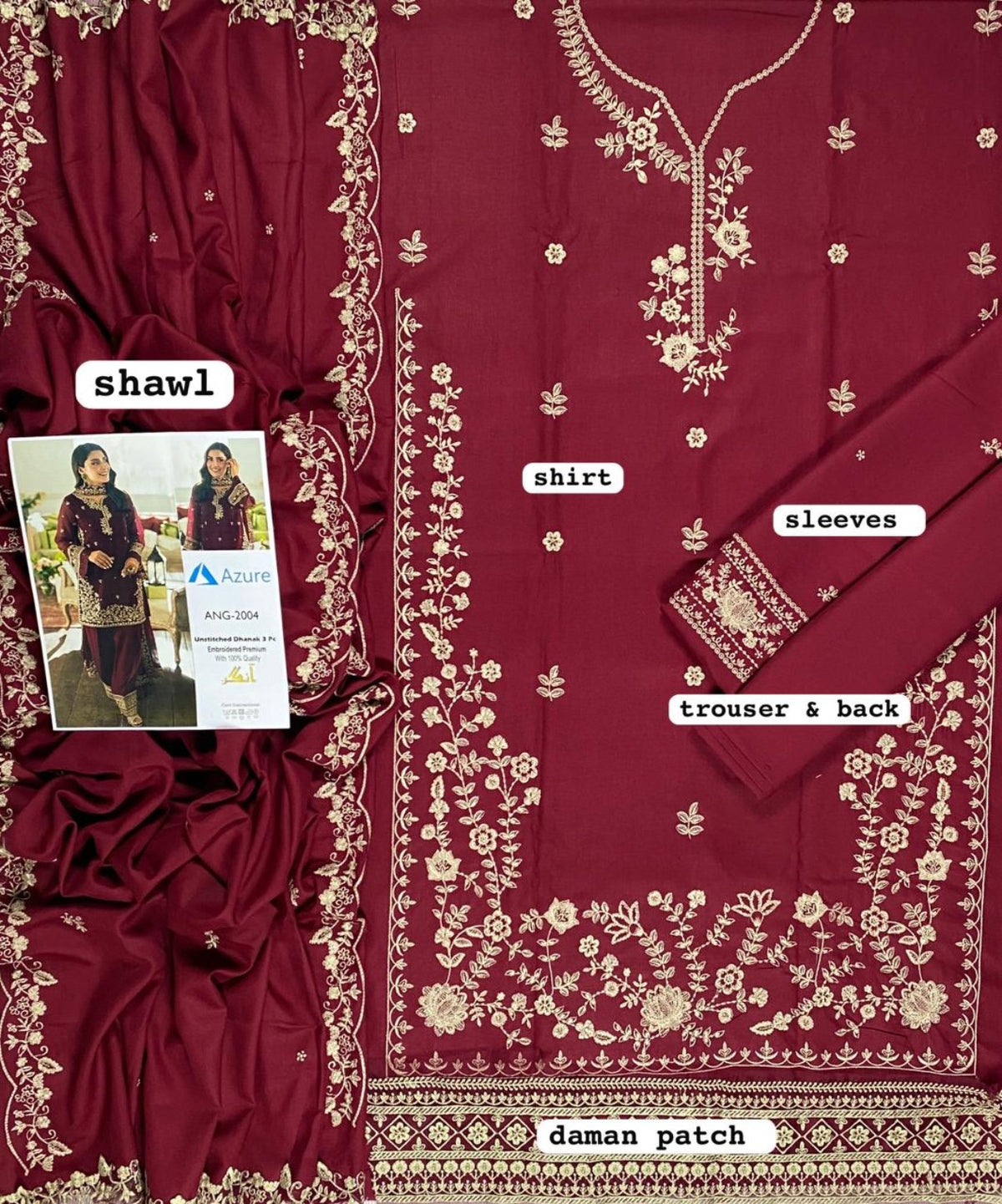 AZURE ANG-2004 Luxury Dhanak Embroidered Unstitched 3PC – Maroon