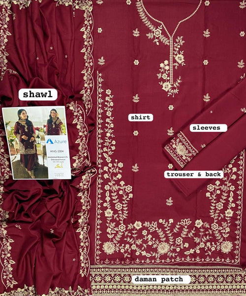 ANG-2004 maroon embroidered Dhanak unstitched 3 piece suit, flat lay showing shirt, sleeves, trouser, shawl and daman patch