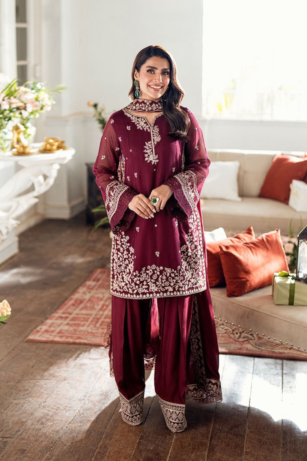 AZURE ANG-2004 Luxury Dhanak Embroidered Unstitched 3PC – Maroon