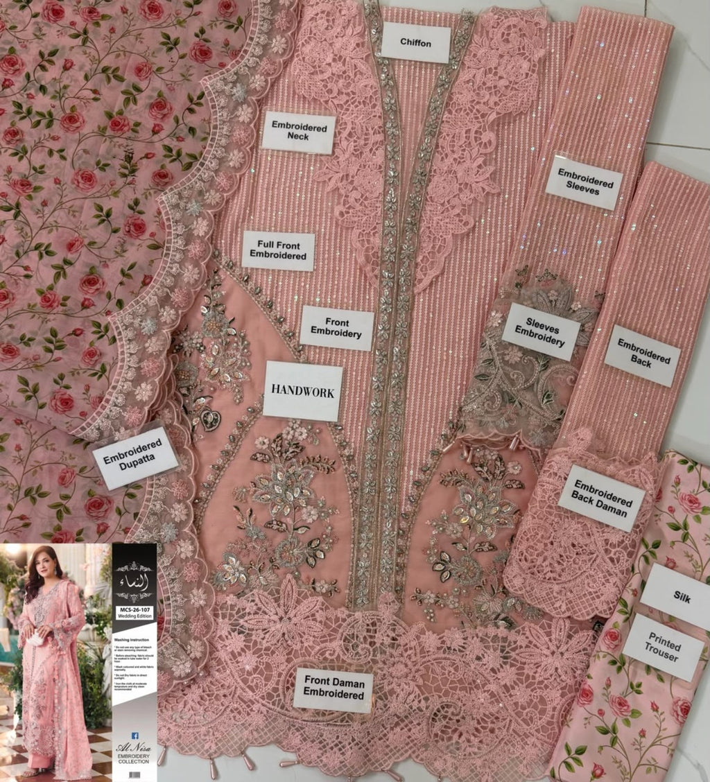 MARIA.B Wedding Edition MCS-26-107 Luxury Chiffon Embroidered 3PC – Pink