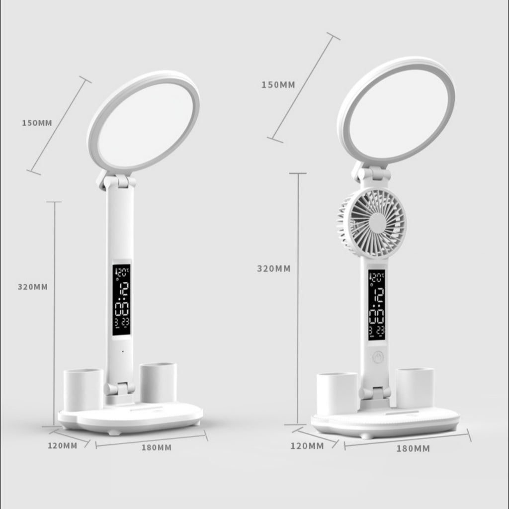 VELNORA Rechargeable LED Desk Lamp with Clock, Fan & Pen Holder