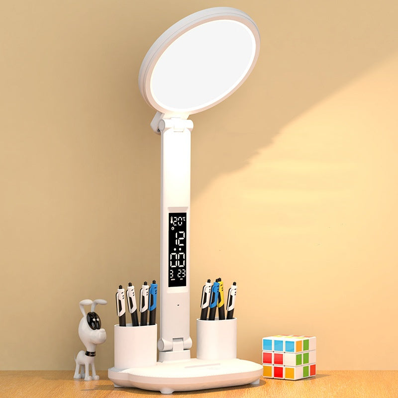 VELNORA Rechargeable LED Desk Lamp with Clock, Fan & Pen Holder