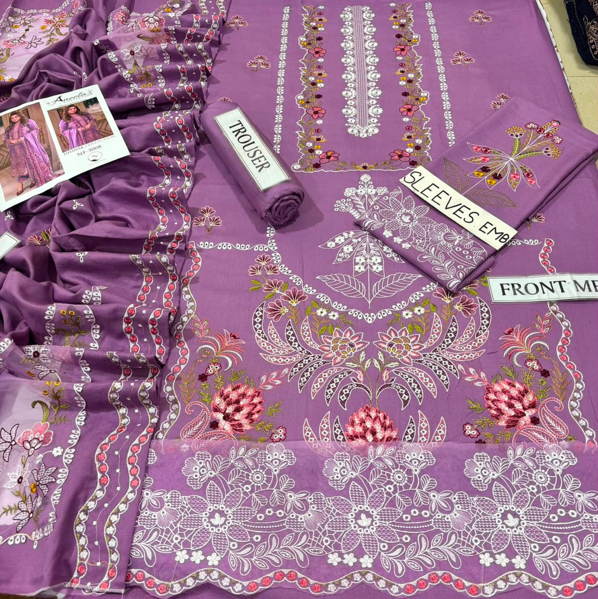 Aneela's NF-3008 heavy embroidered Dhanak front and shawl