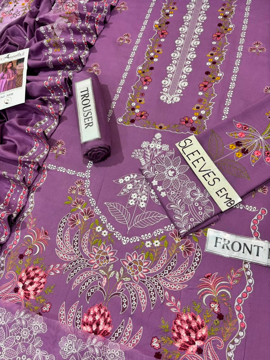 Aneela's NF-3008 embroidered purple winter suit details