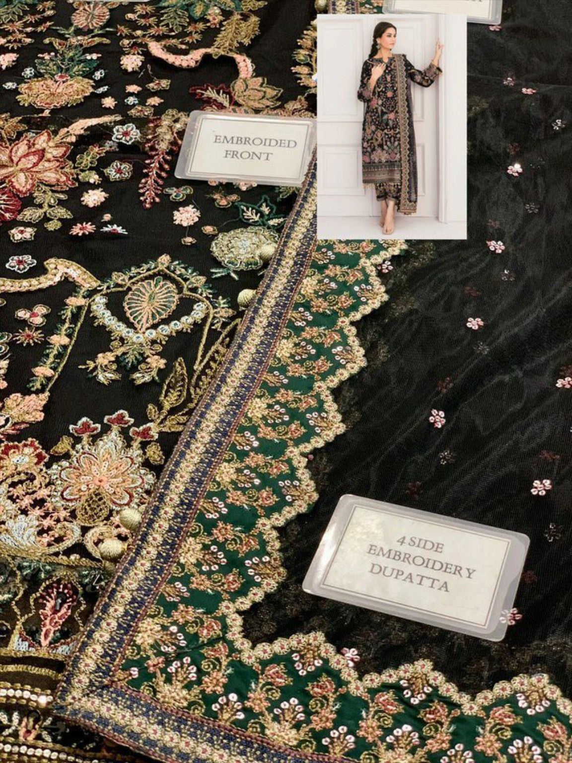 Baroque D-1392 four-side embroidered net dupatta detail