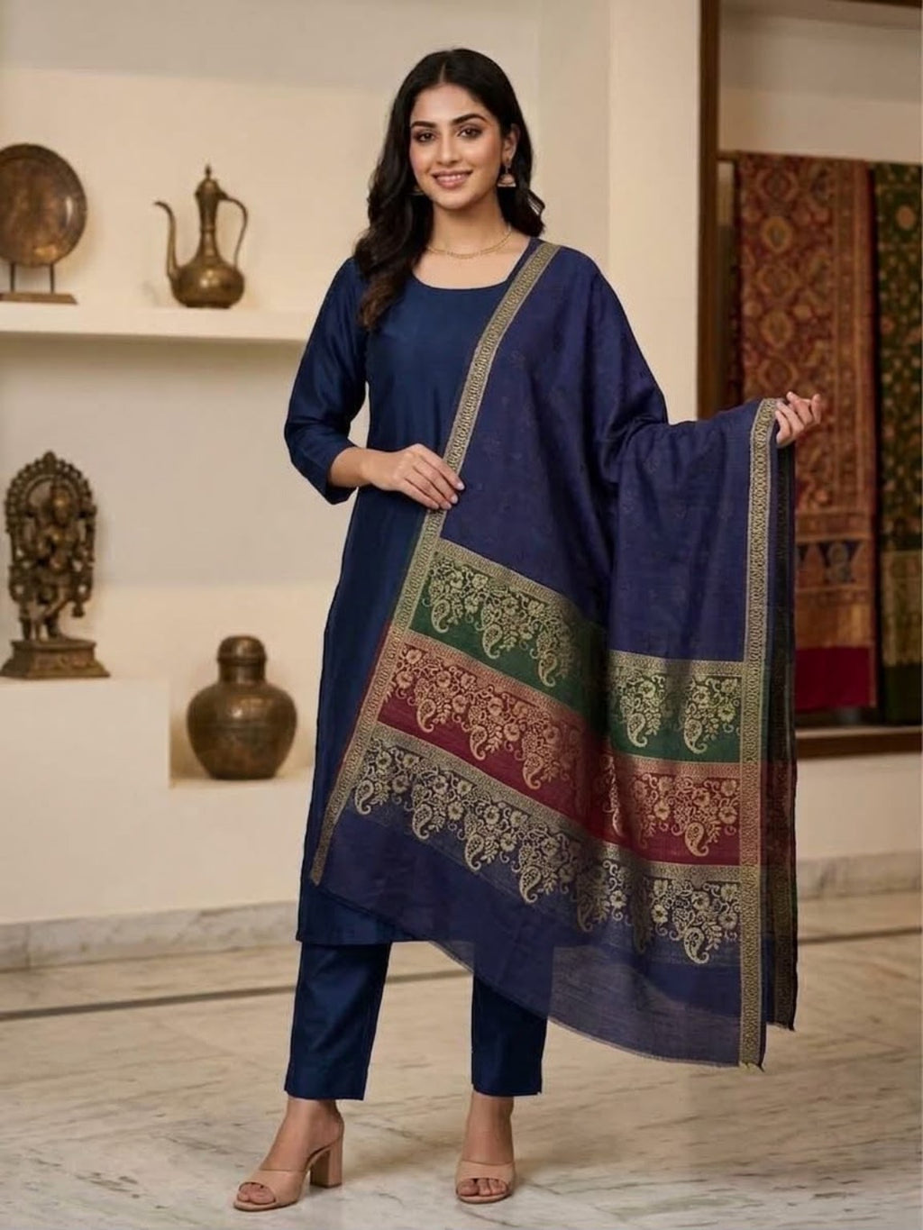 VELNORA Barosha Jacquard Pashmina Wool Shawl Marina Dhanak 3PC image 1