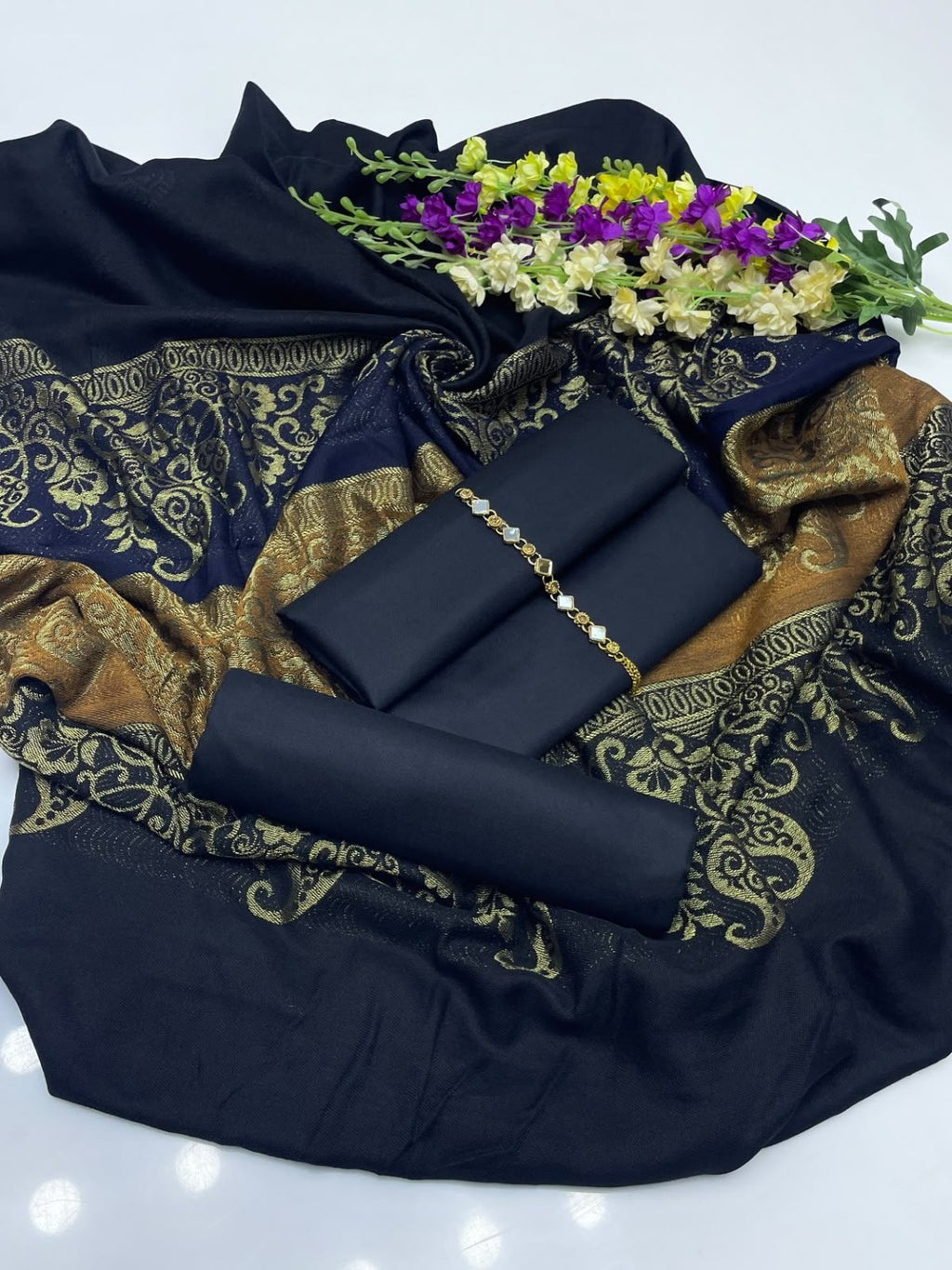 VELNORA Barosha Jacquard Pashmina Wool Shawl Marina Dhanak 3PC image 2
