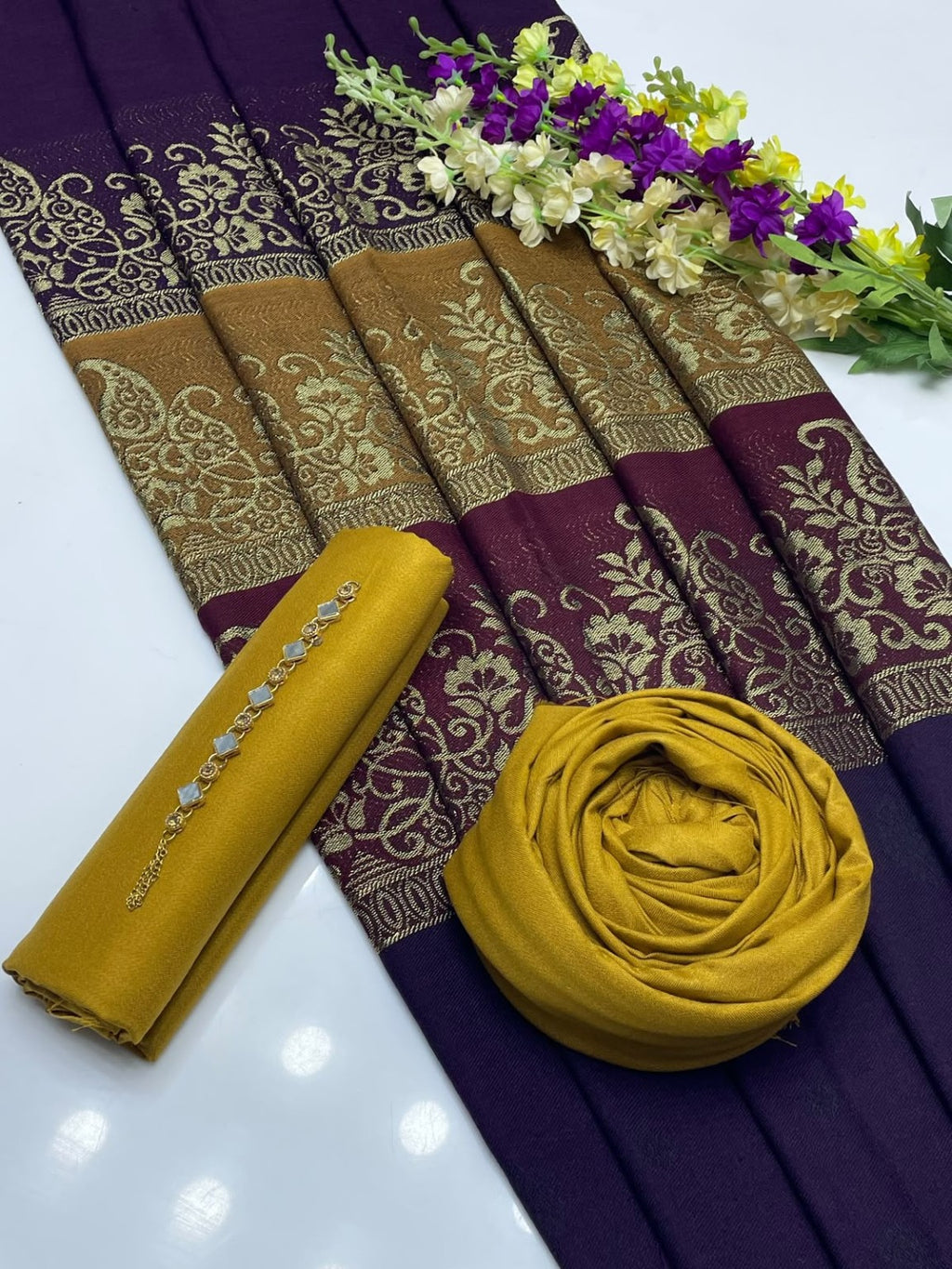 VELNORA Barosha Jacquard Pashmina Wool Shawl Marina Dhanak 3PC image 3