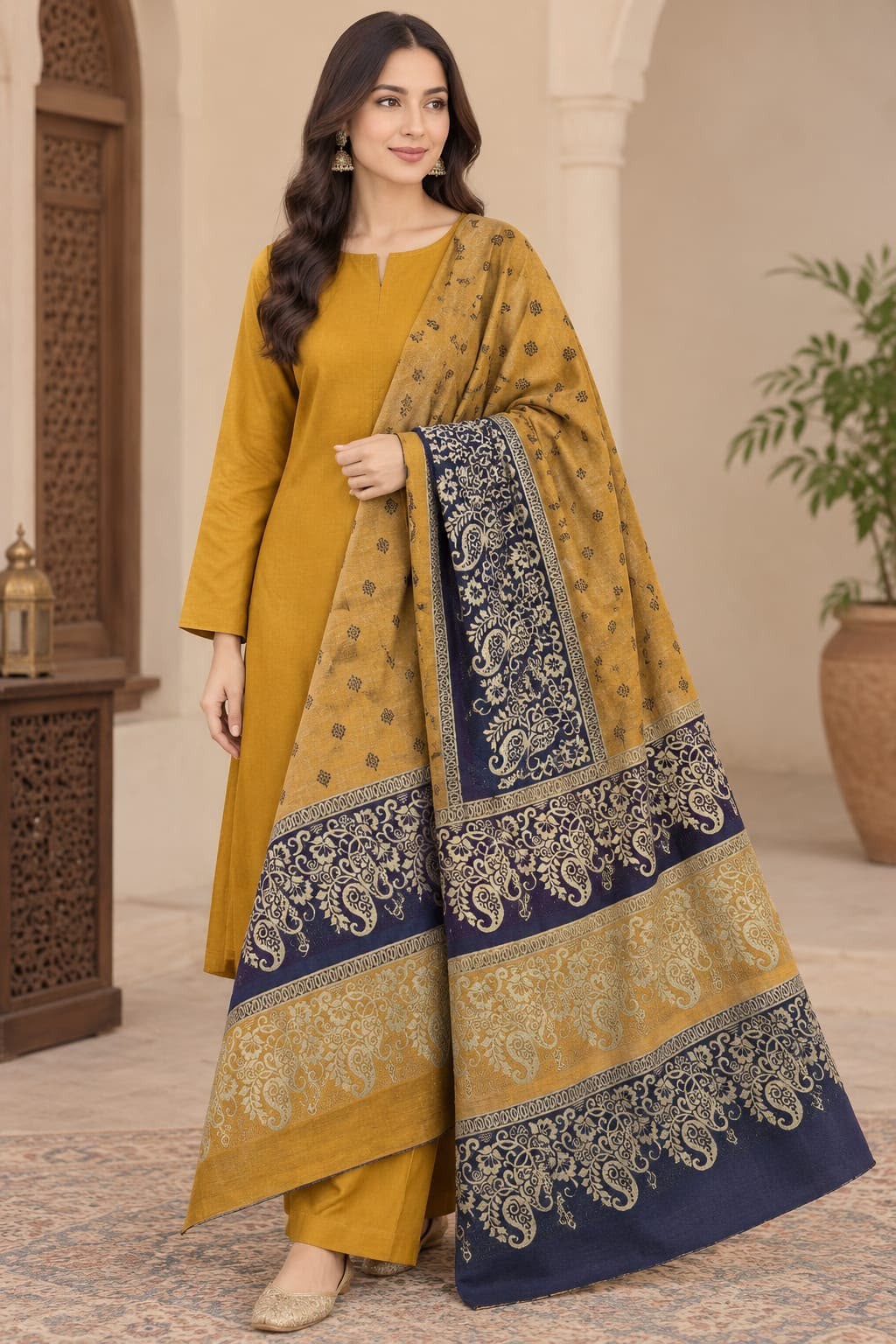 VELNORA Barosha Jacquard Pashmina Wool Shawl Marina Dhanak 3PC image 4