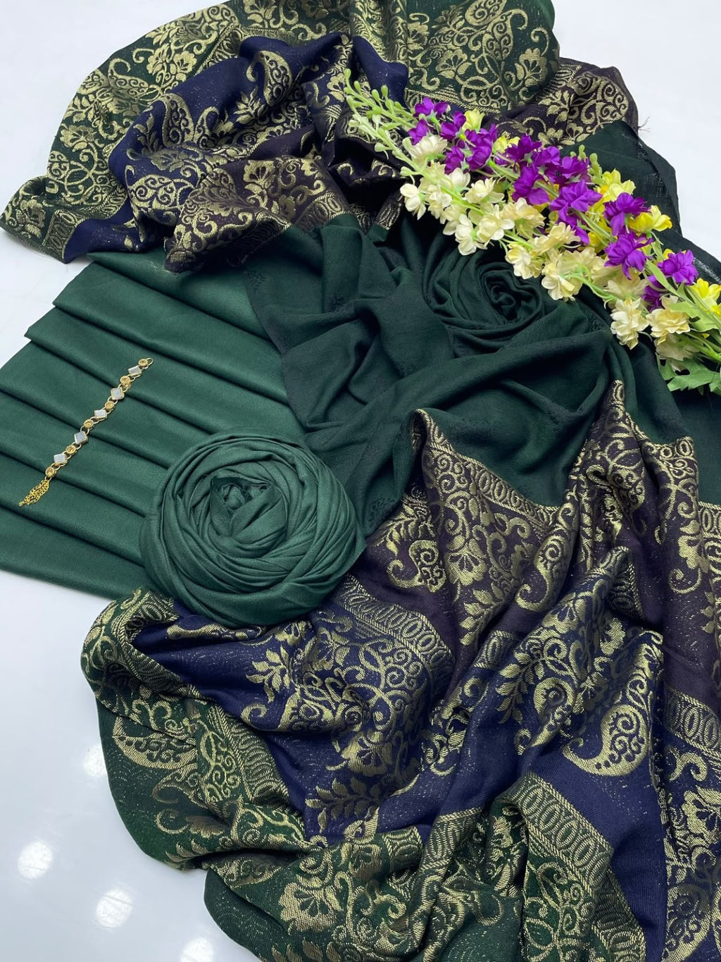 VELNORA Barosha Jacquard Pashmina Wool Shawl Marina Dhanak 3PC image 5