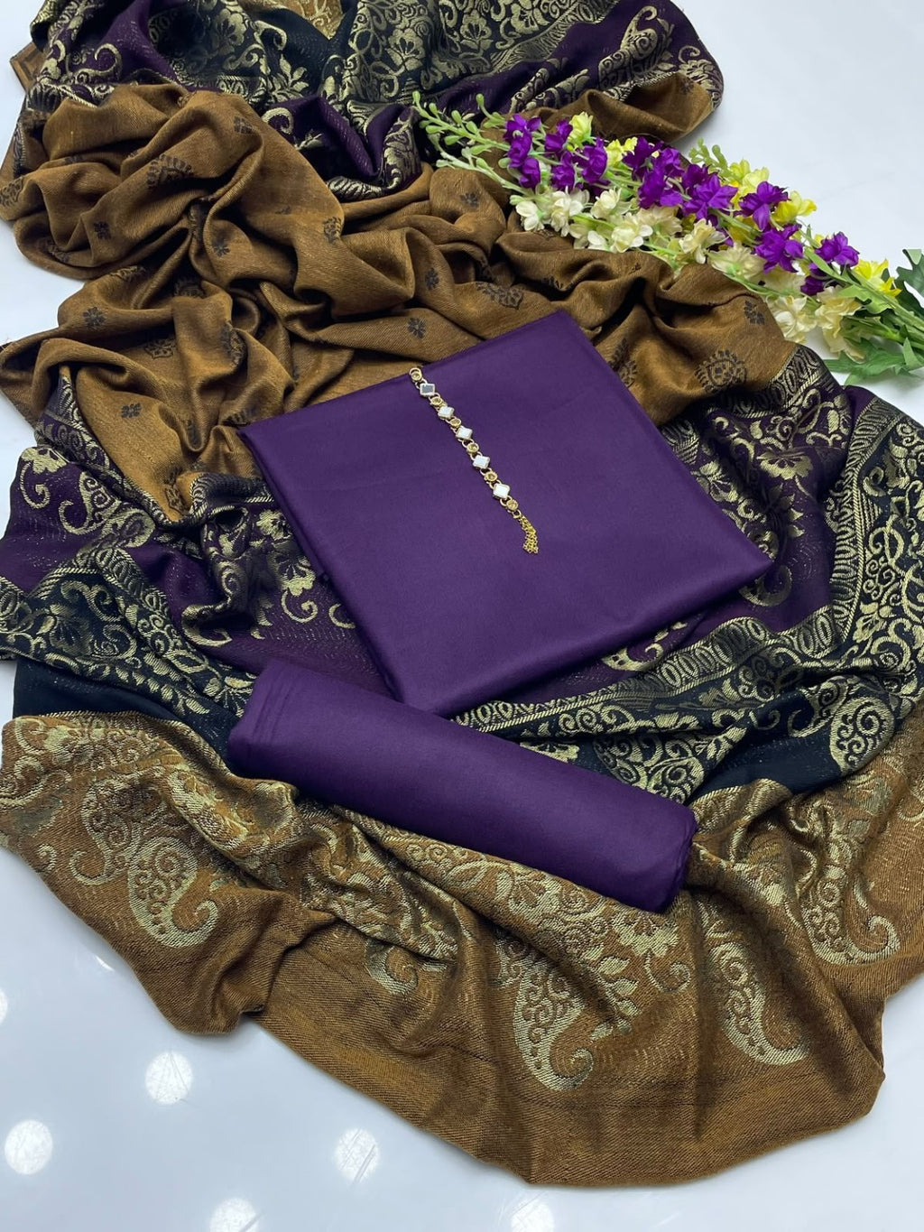 VELNORA Barosha Jacquard Pashmina Wool Shawl Marina Dhanak 3PC image 6