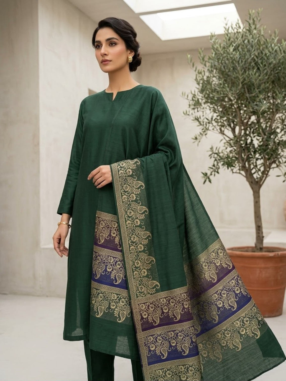 VELNORA Barosha Jacquard Pashmina Wool Shawl Marina Dhanak 3PC image 7