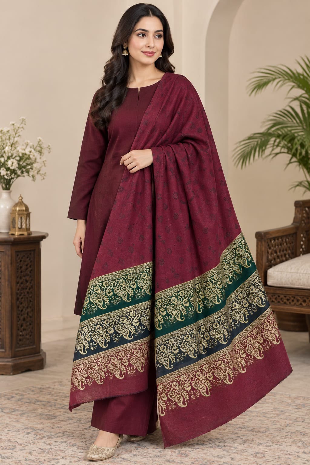 VELNORA Barosha Jacquard Pashmina Wool Shawl Marina Dhanak 3PC image 8