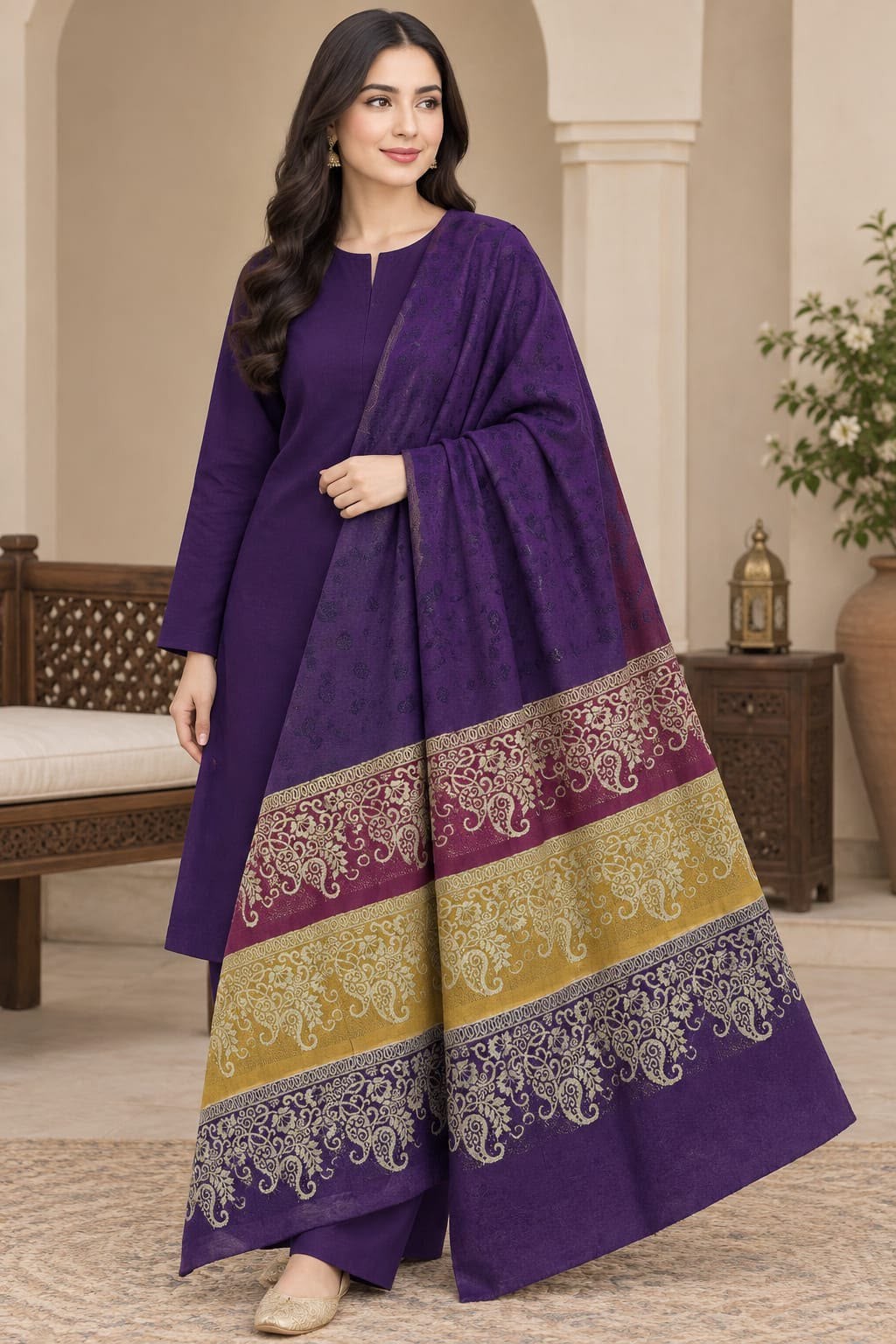 VELNORA Barosha Jacquard Pashmina Wool Shawl Marina Dhanak 3PC image 9