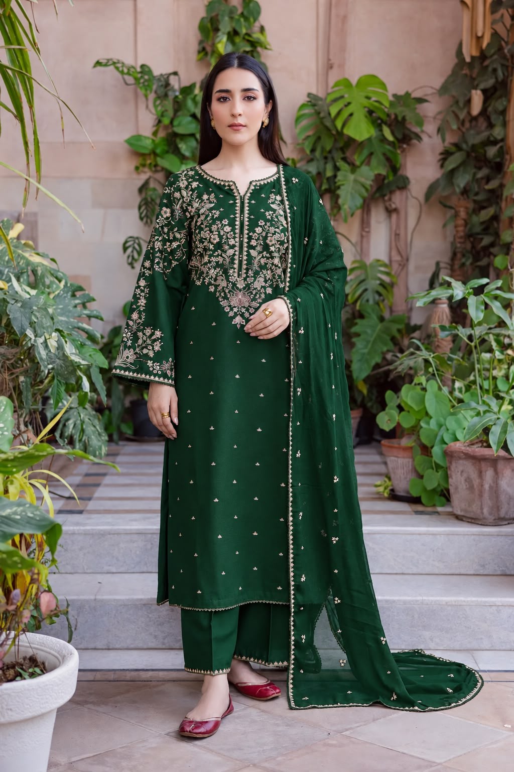 BATIK Dhanak embroidered green 3PC suit