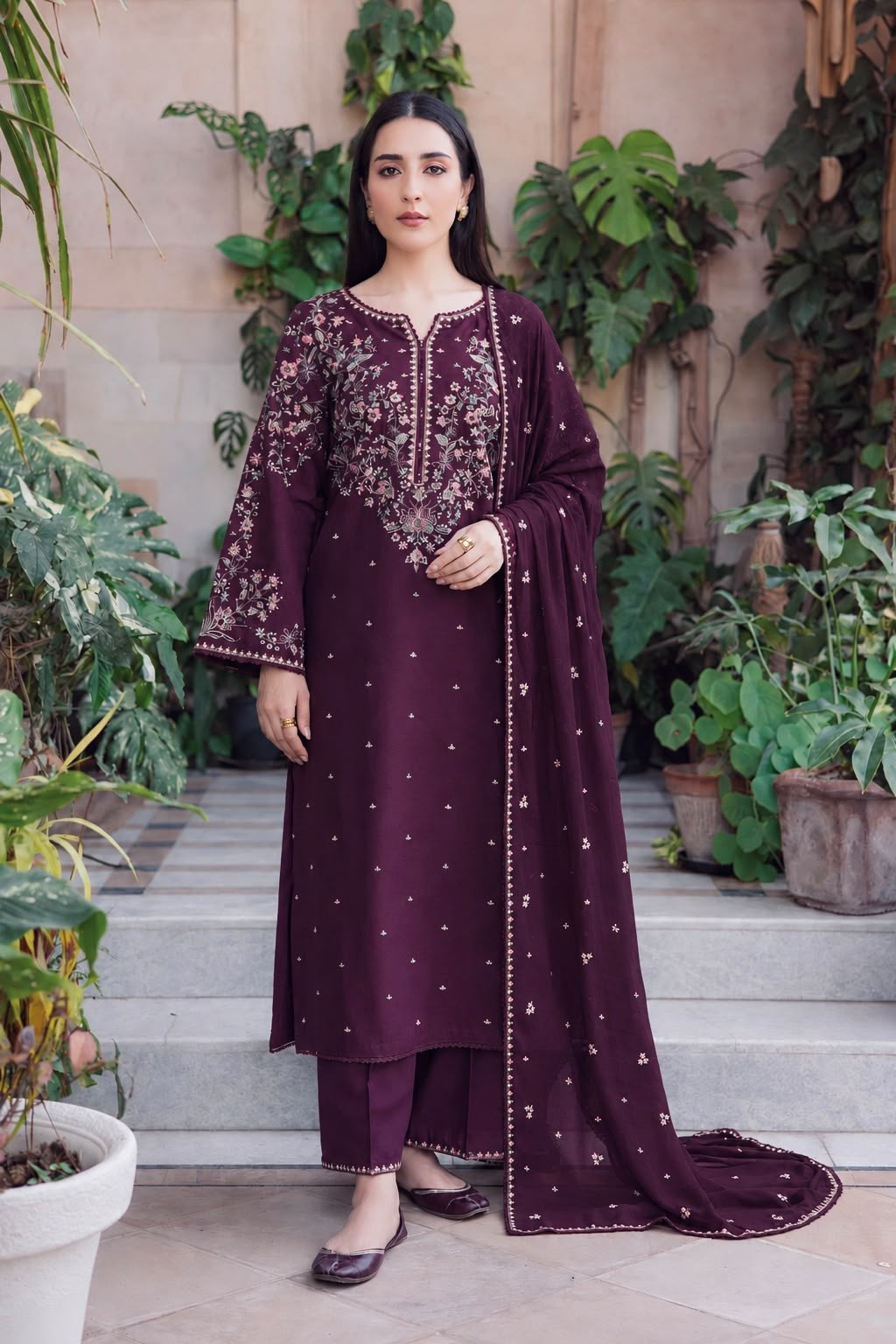 BATIK Dhanak embroidered maroon 3PC suit