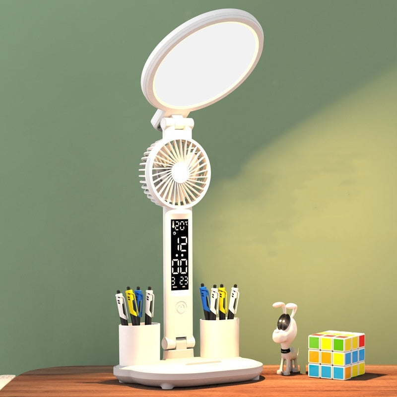VELNORA Rechargeable LED Desk Lamp with Clock, Fan & Pen Holder