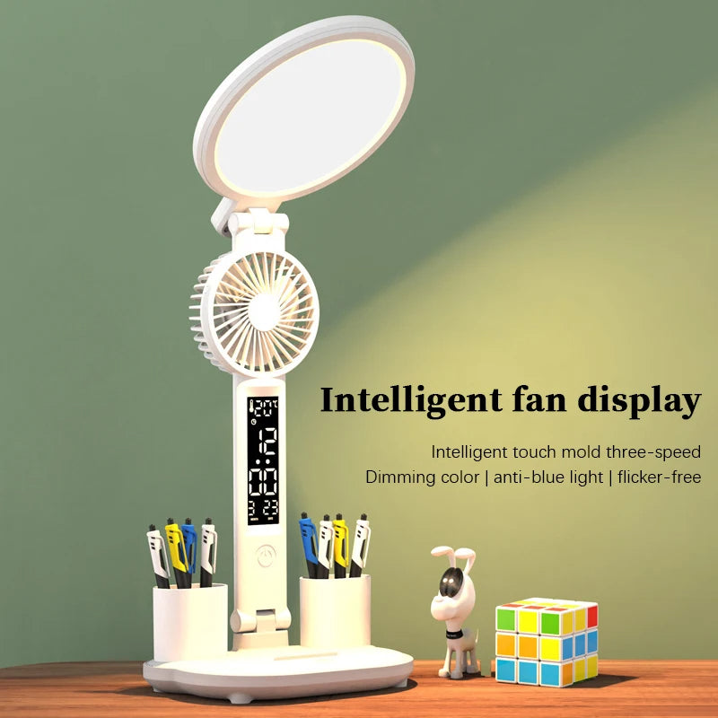 VELNORA Rechargeable LED Desk Lamp with Clock, Fan & Pen Holder
