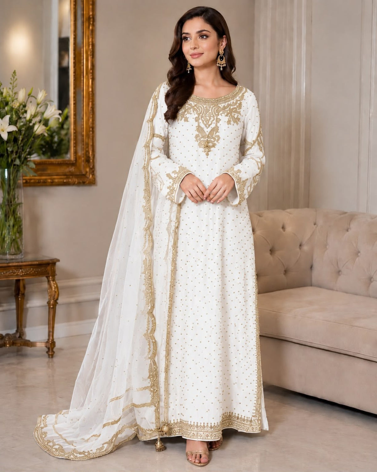 Haris Shakeel HSL 23 104 white chiffon embroidered 3PC suit