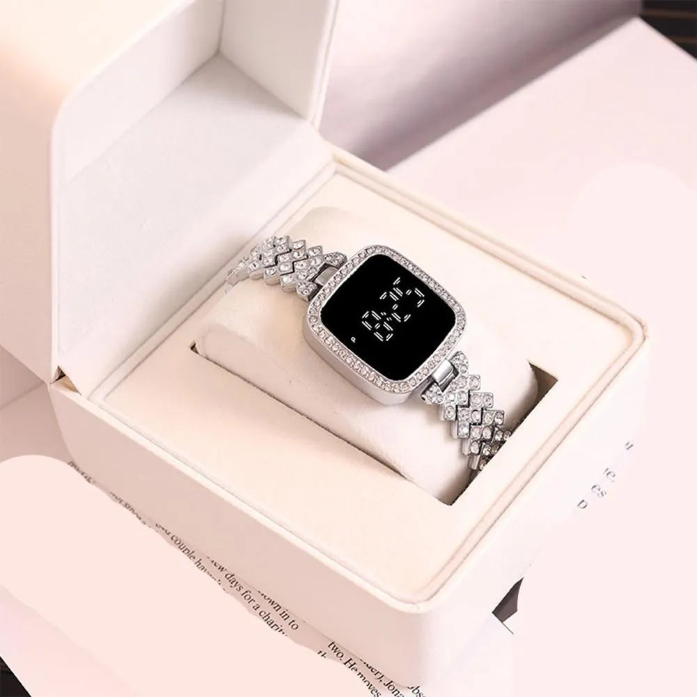 Women Crystal Watch Square Dial Touch Screen Rhinestone Band - image 3