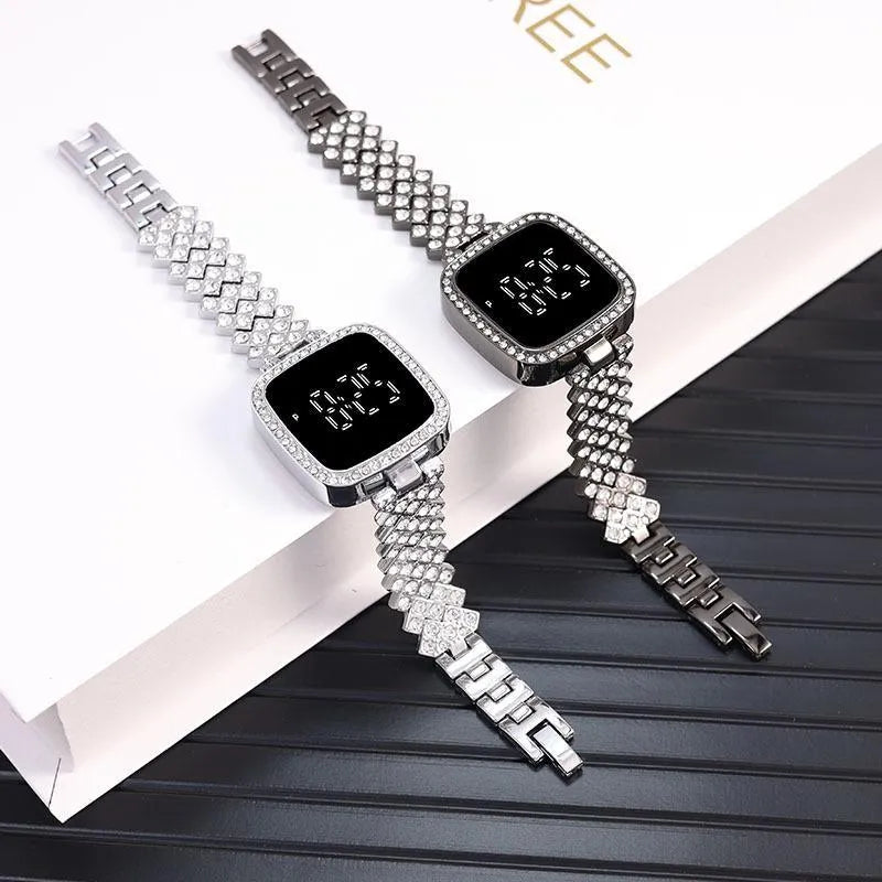 Women Crystal Watch Square Dial Touch Screen Rhinestone Band - image 7