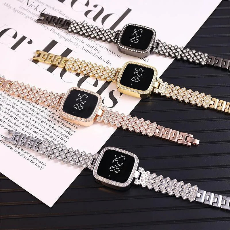 Crystal Square-Dial Digital Watch for Women