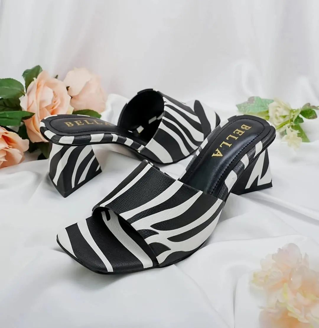 Women's Black White Striped Heels Rexine Square Toe