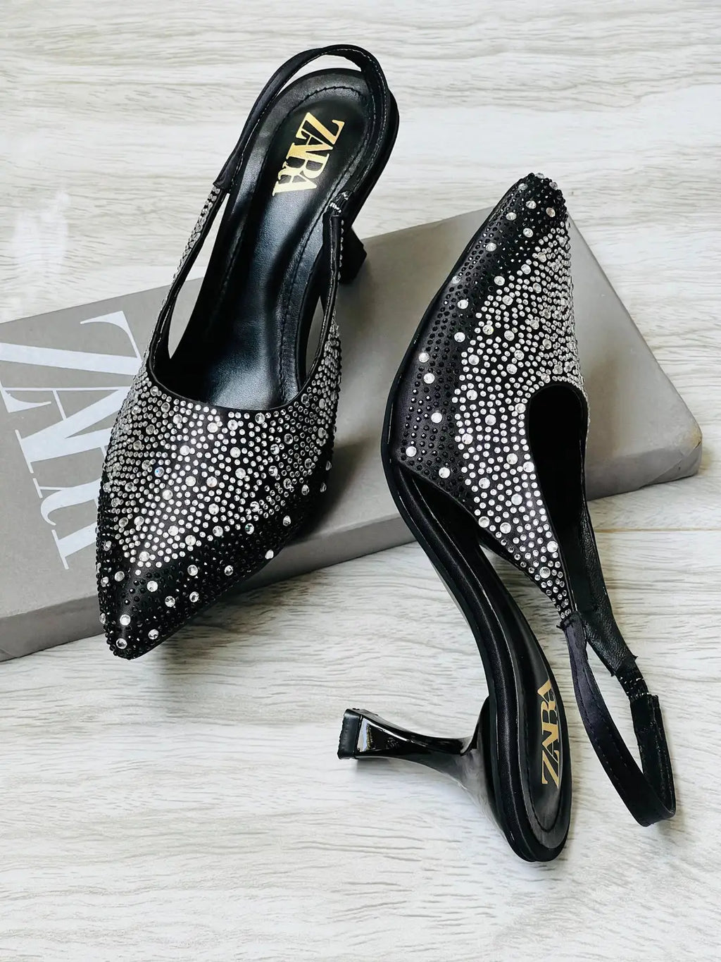 ZARA Stone Heels for Women – Rhinestone Slingback Pointed Toe Party Heels with Brand Box