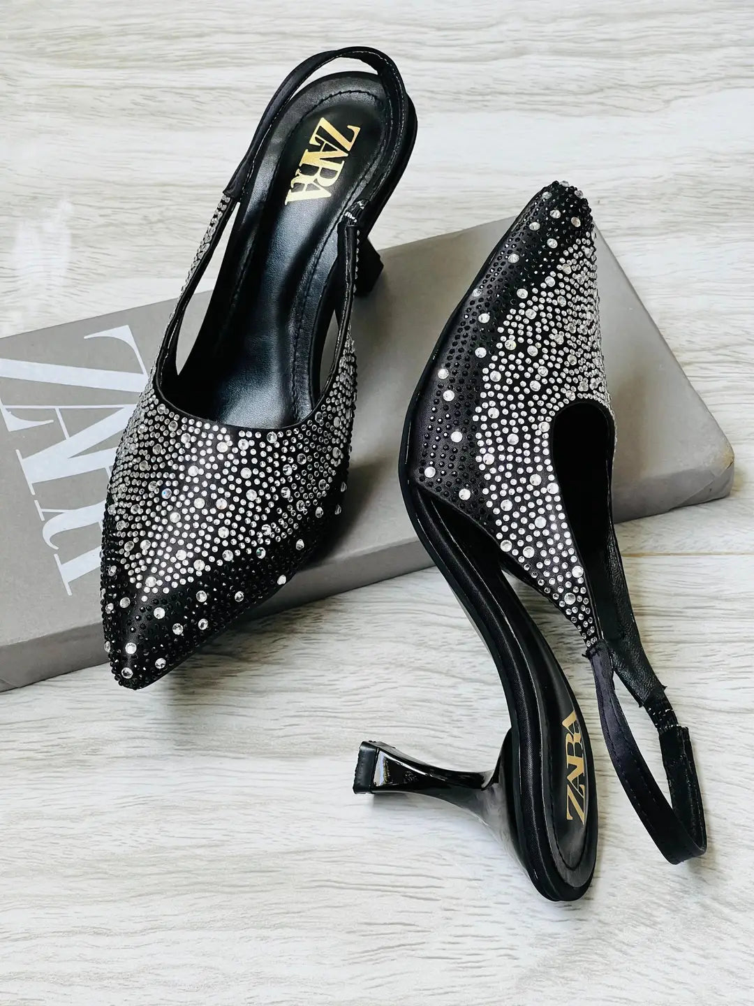 ZARA Stone Heels for Women – Rhinestone Slingback Pointed Toe Party Heels with Brand Box