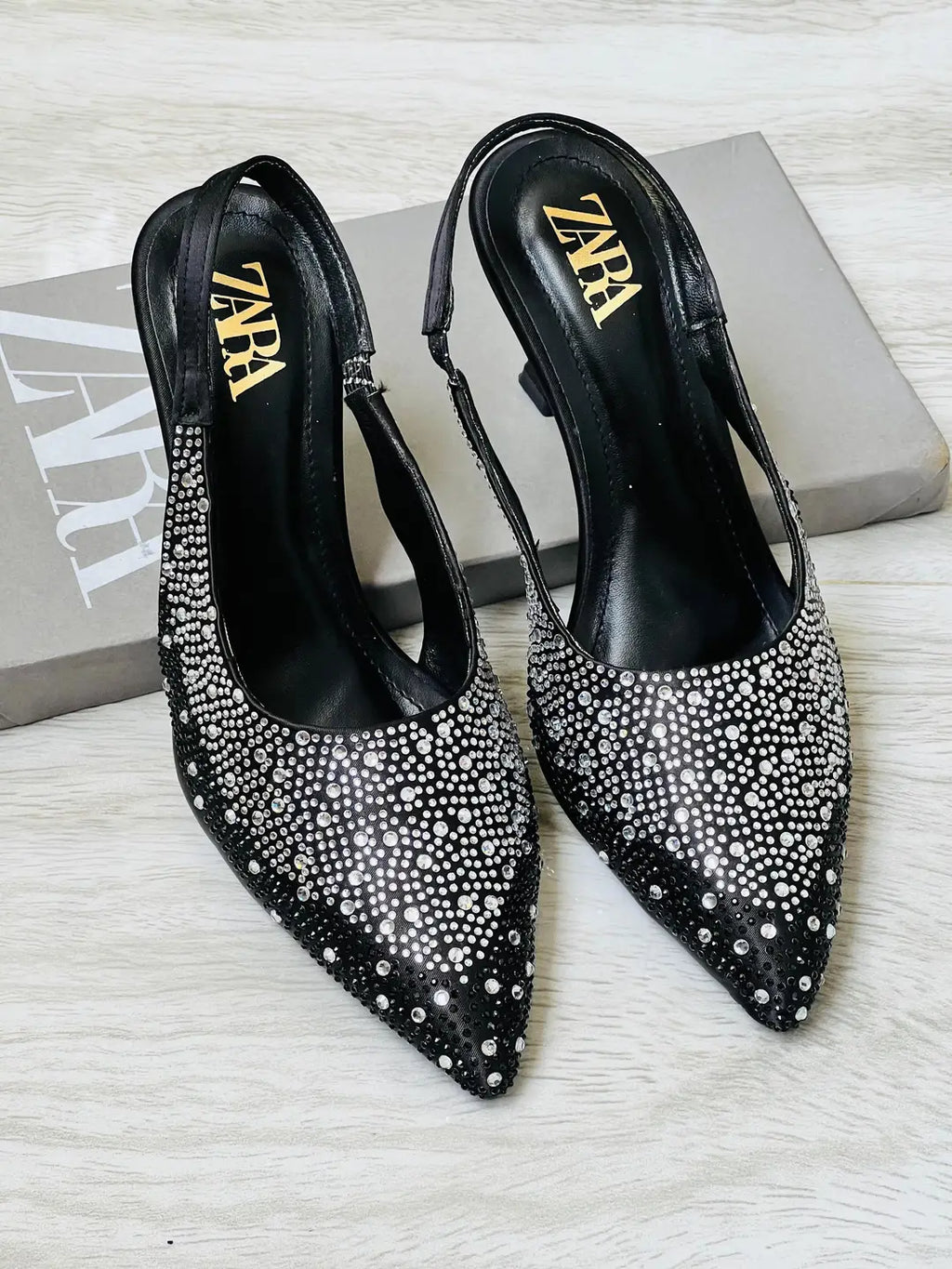 ZARA Stone Heels for Women – Rhinestone Slingback Pointed Toe Party Heels with Brand Box