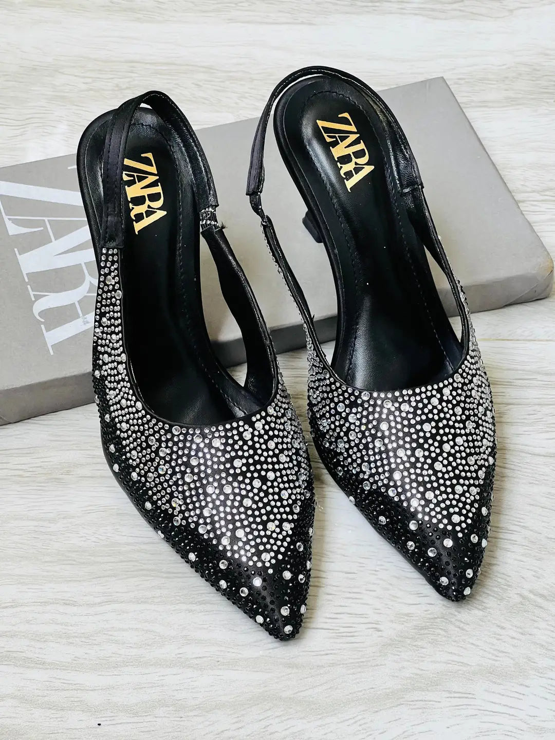 ZARA Stone Heels for Women – Rhinestone Slingback Pointed Toe Party Heels with Brand Box