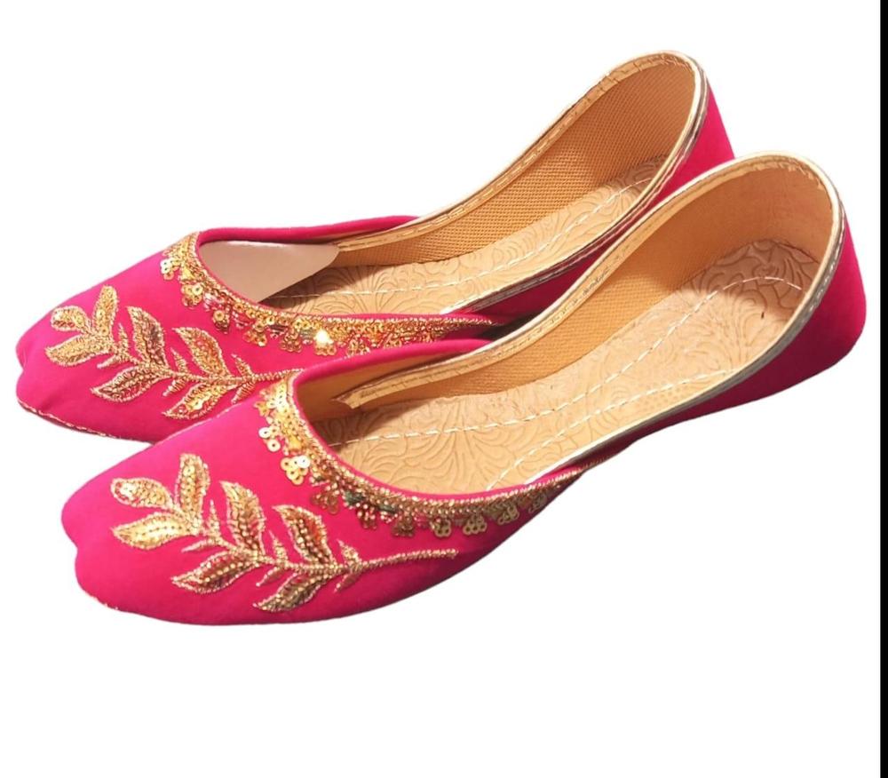 Pink Velvet Khussas with Golden Leaf Embroidery