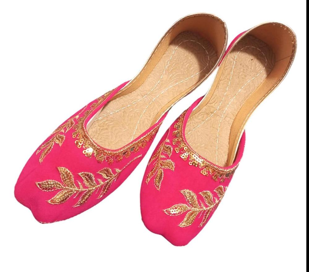 Pink Velvet Khussas with Golden Leaf Embroidery