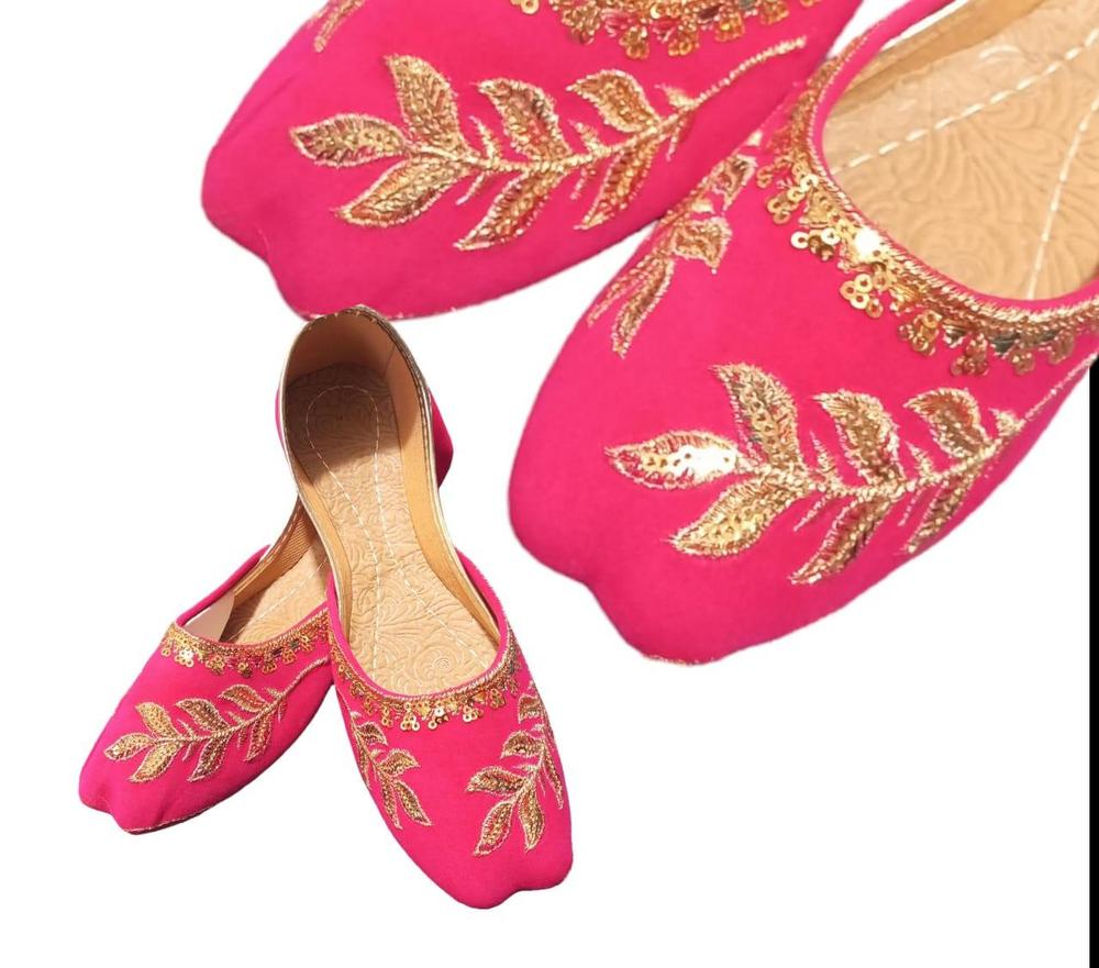 Pink Velvet Khussas with Golden Leaf Embroidery