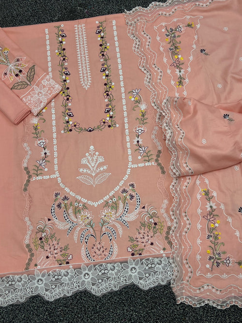 Aneela's Dhanak Code 2237 peach embroidery detail