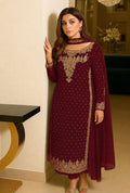 Aneelas embroidered chiffon unstitched suit in mehroon