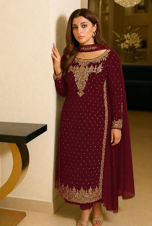Aneelas embroidered chiffon unstitched suit in mehroon