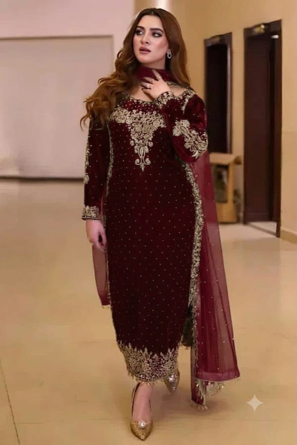 Aneelas chiffon embroidered mehroon suit full look