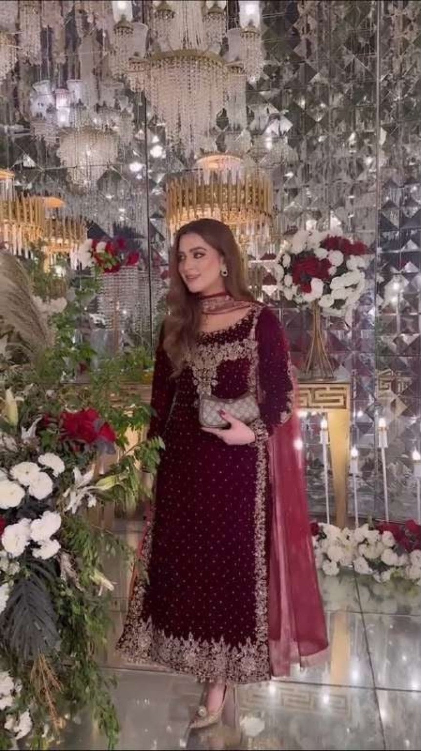 Aneelas mehroon chiffon embroidered suit event look