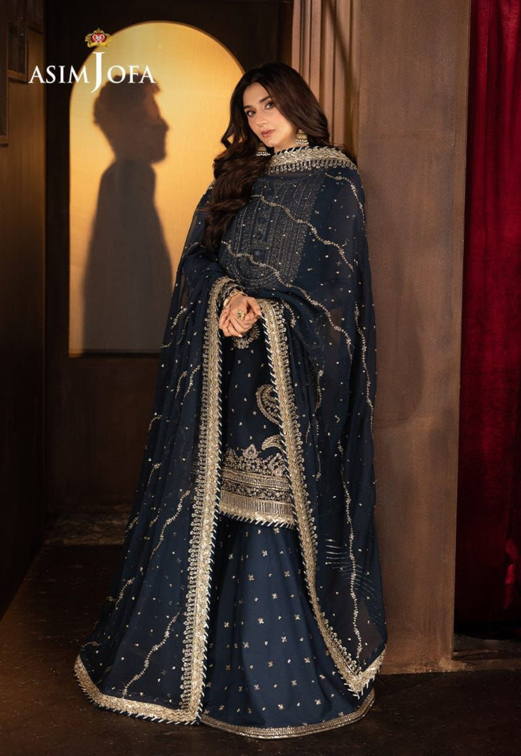 ASIM JOFA GLOBAL navy chiffon gharara suit front model view