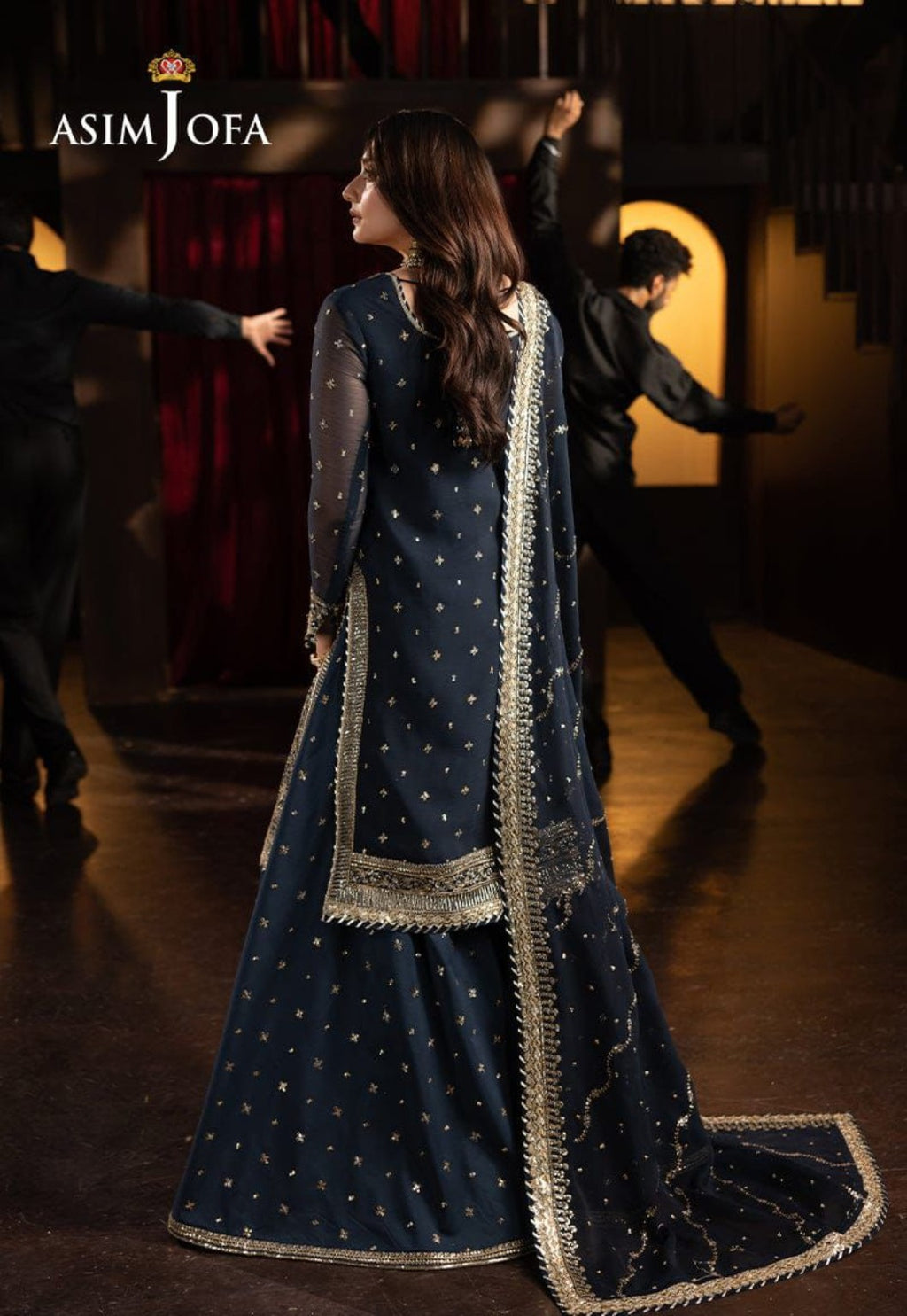 ASIM JOFA GLOBAL navy chiffon gharara suit back model view