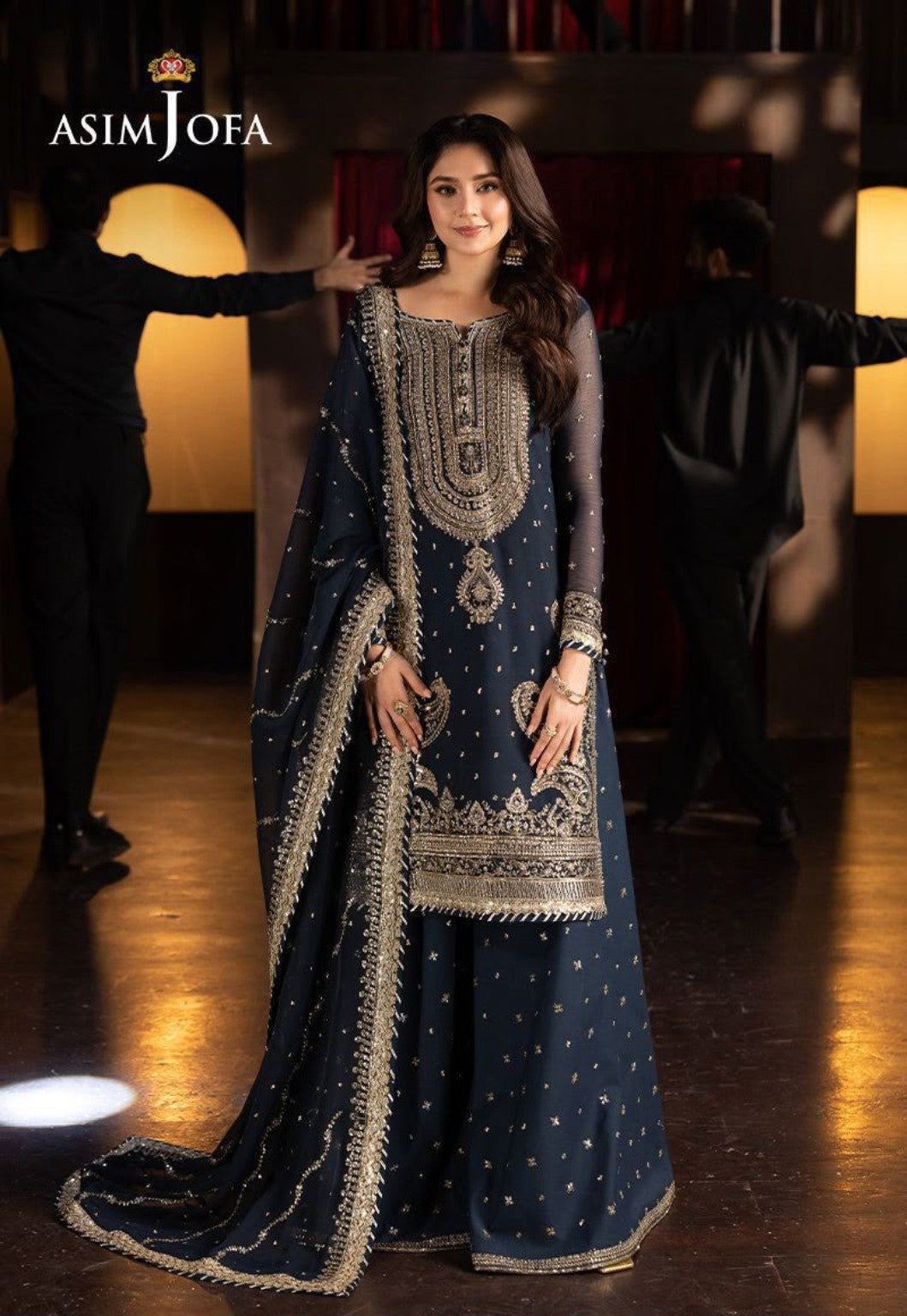 ASIM JOFA GLOBAL navy chiffon gharara suit full front view