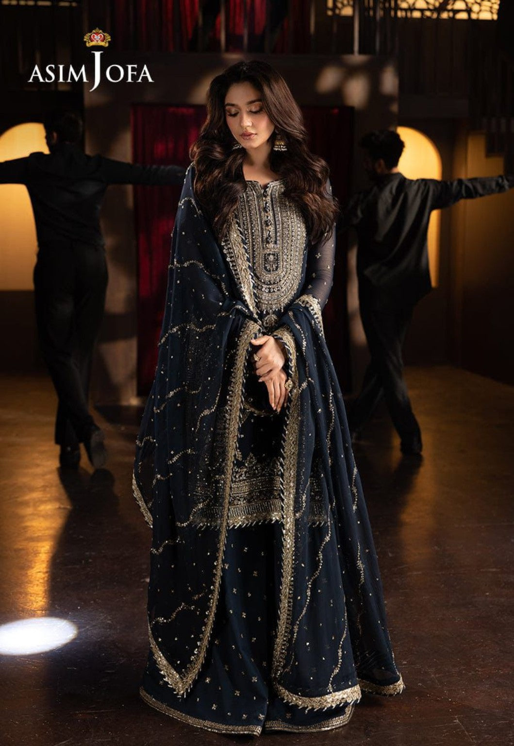 ASIM JOFA GLOBAL navy chiffon gharara suit styled model view