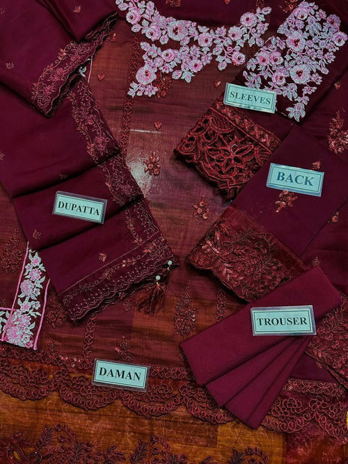 BAROQUE chiffon embroidered suit maroon details