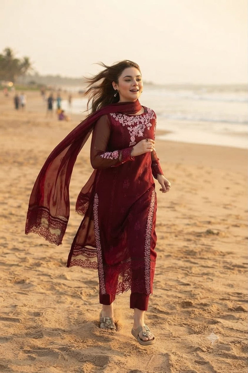 BAROQUE chiffon embroidered suit maroon full look
